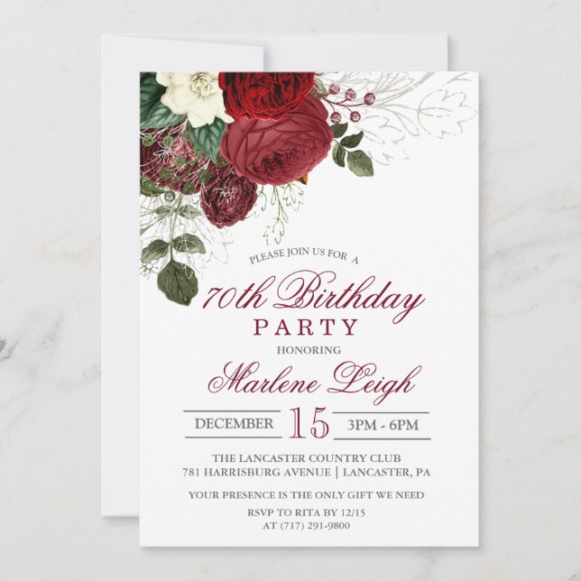 Convite de Aniversário de Férias Floral de Inverno (Frente)
