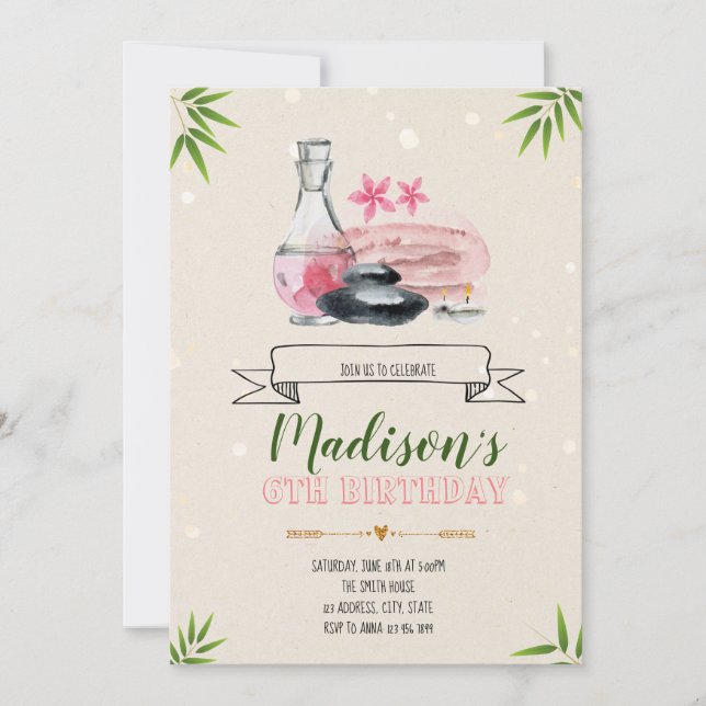Convite de aniversário de festa de dia de spa (Frente)