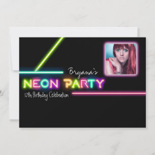 Convite de Aniversário de Festa de Neon com Foto c