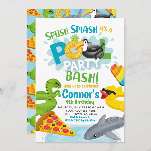 Convite de Aniversário de Festa de piscina (Frente/Verso)