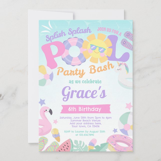 Convite de Aniversário de Festa de piscina (Frente)
