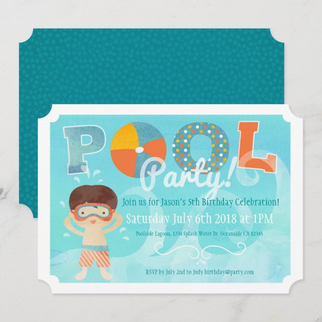 Convite de Aniversário de Festa de piscina (Frente/Verso)