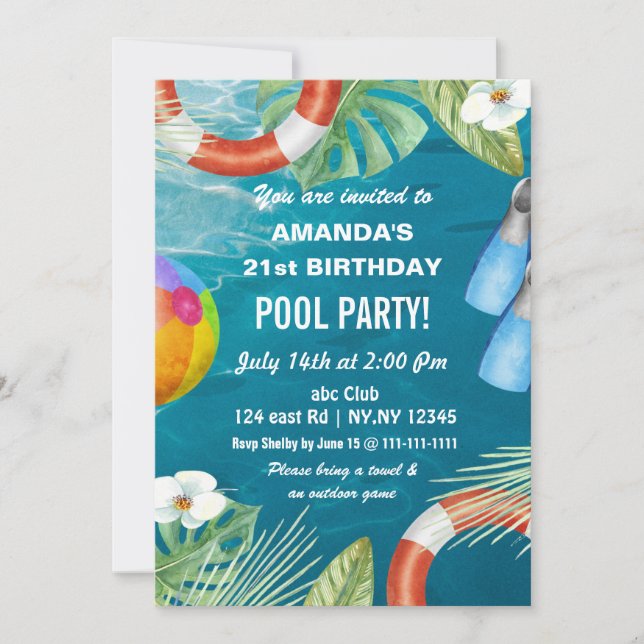 Convite de Aniversário de Festa de Piscina de Verã (Frente)