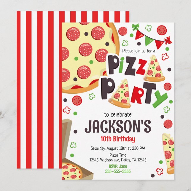 Convite de Aniversário de Festa de Pizza Infantil  (Frente/Verso)