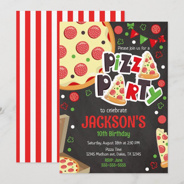 Convite de Aniversário de Festa de Pizza para Cria (Frente/Verso)