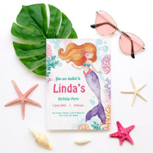 Convite de Aniversário de Festa de Sereia Rosa Per