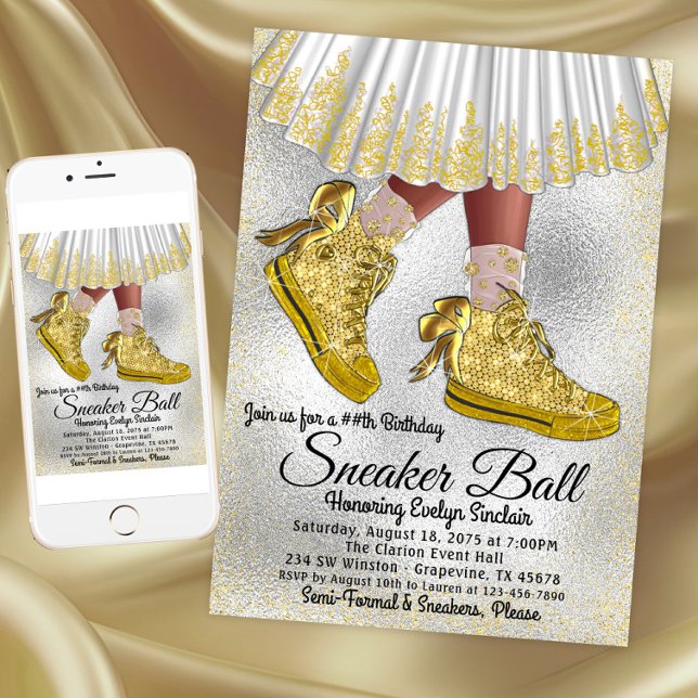 Convite de Aniversário de Festa de Tênis para Meni (Girl Gold Sneaker Ball Birthday Party Invitation. Instant download and printed invitations available)