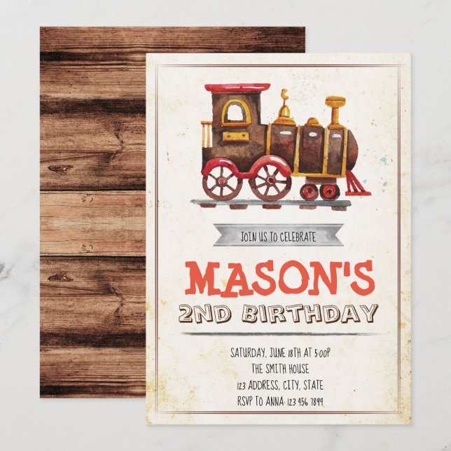 Convite de aniversário de festa de trem antigo (Frente/Verso)