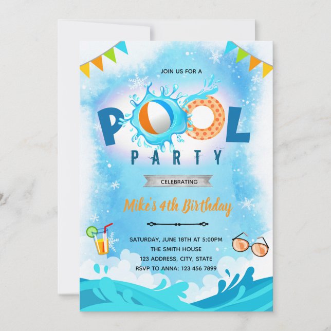 convite de aniversário de festa na piscina de inve (Frente)