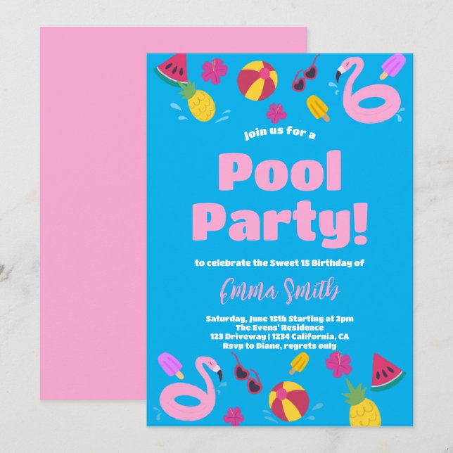 Convite de Aniversário de Festa na Piscina de Verã (Frente/Verso)