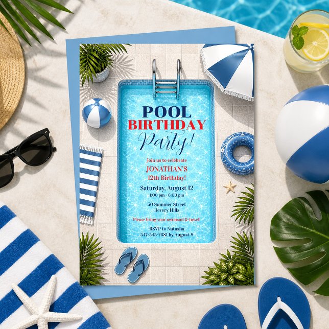 Convite de Aniversário de Festa na Piscina de Verã (Criador carregado)