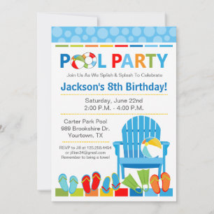Convite de Aniversário de Festa na Piscina e Festa
