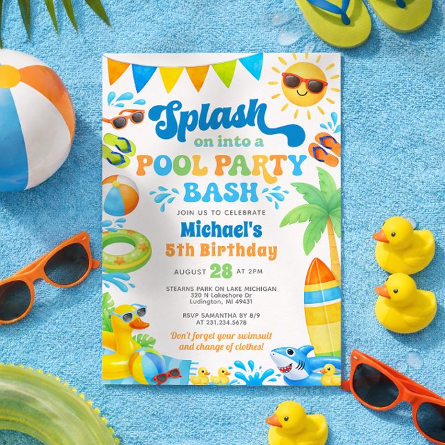 Convite de Aniversário de Festa na Piscina para Me (Pool Party Birthday Invitation - Boy Summer Birthday Duck and Shark Theme)
