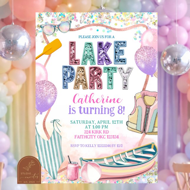 Convite de aniversário de festa no lago com lantej (Criador carregado)