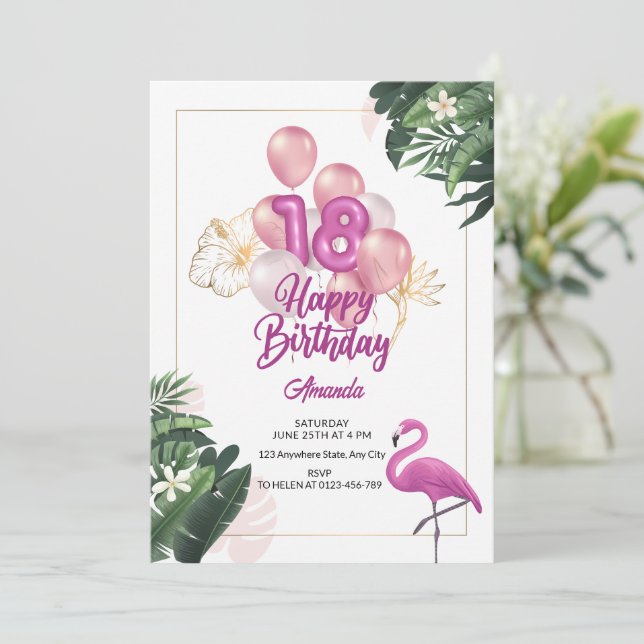 Convite de Aniversário de Flamingo, 18º Aniversári (Em pé/Frente)