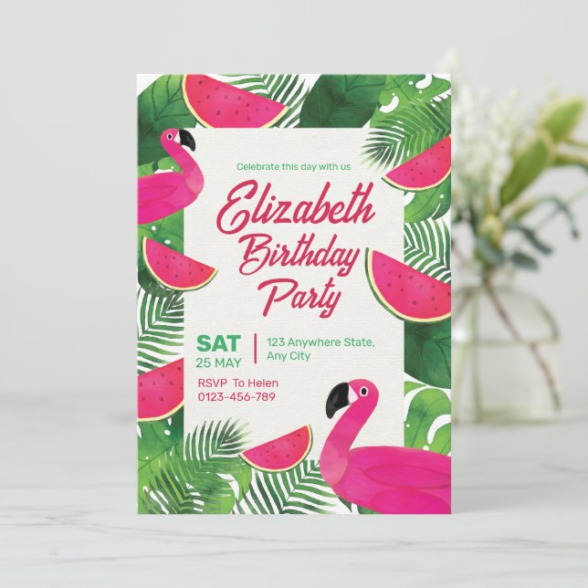 Convite de Aniversário de Flamingo, Festa de Anive (Em pé/Frente)