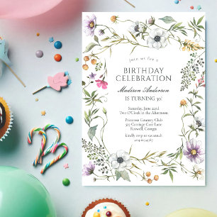 Convite de Aniversário de Flor Silvestre Floral Mo