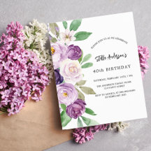 Convite de aniversário de florais violeta roxa