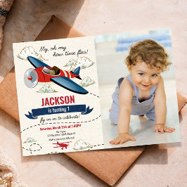 Convite de Aniversário de Foto de Avião Vintage Re