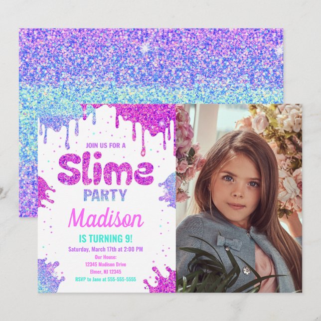 Convite de Aniversário de Foto de Festa de Slime c (Frente/Verso)
