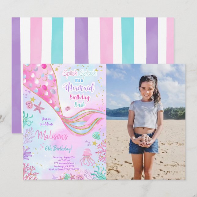 Convite de Aniversário de Foto de Sereia em Aquare (Frente/Verso)