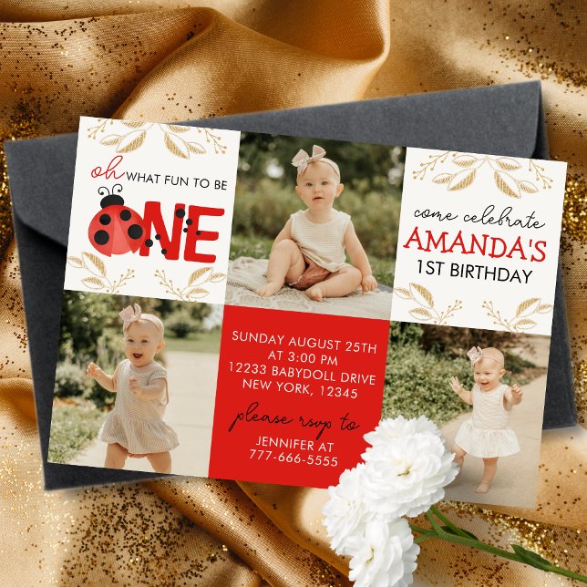 Convite de aniversário de foto Dourada Ladybug 3 (Gold Glitter Oh What Fun to Be One Watercolor Ladybug 3 Photo Birthday Invitations)