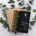 Convite de aniversário de foto em ouro preto<br><div class="desc">Um moderno,  elegante e convite. Um fundo preto decorado com confete de ouro falso. Personalize e adicione fotos,  um nome e detalhes da festa. Texto branco. 1 folha = 1 convite impresso de borda a borda.</div>