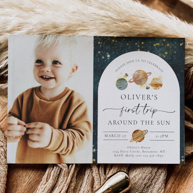 Convite de Aniversário de Foto Espacial | Primeira (Criador carregado)