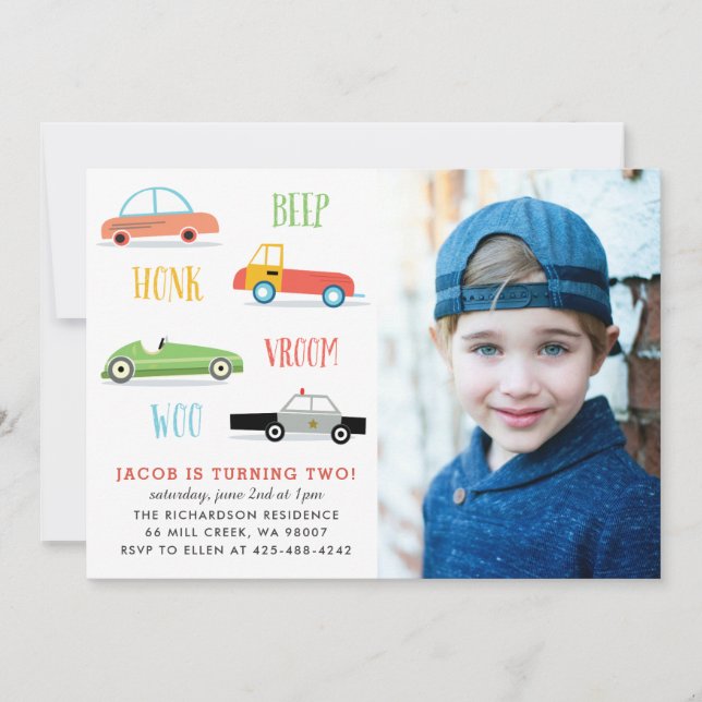 convite de aniversário de fotos com beep honk woo (Frente)