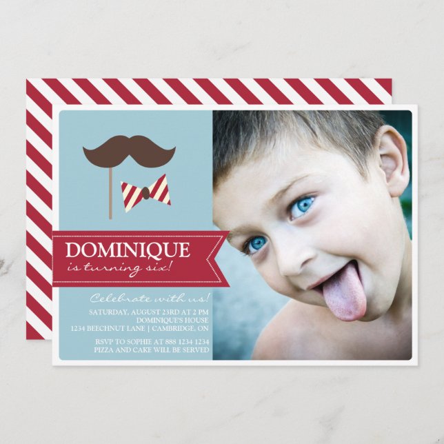 Convite de aniversário de fotos com bigode e Arco (Frente/Verso)