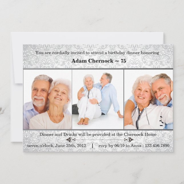 convite de aniversário de fotos do Silver Damask (Frente)