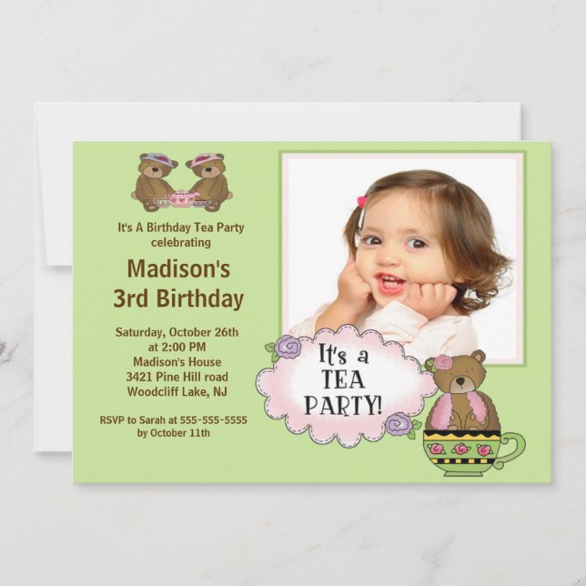 Convite de aniversário de Fotos do Tea Party Verde (Frente)