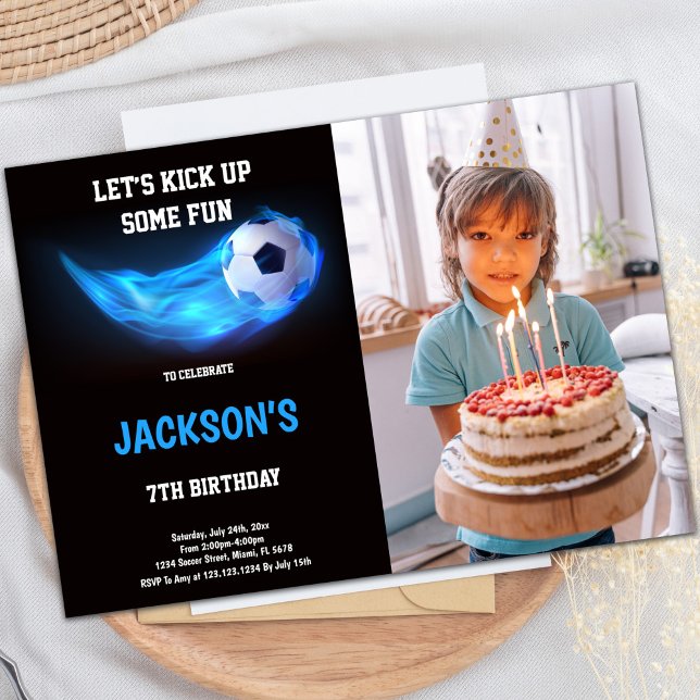 Convite de aniversário de futebol azul com foto (Blue Light Soccer Birthday Invitations with photo)