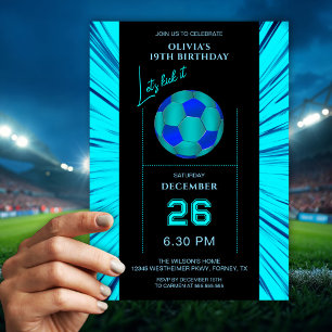 Convite de Aniversário de Futebol Azul Néon Modern
