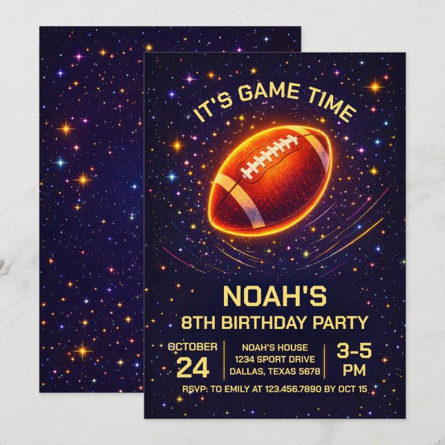 Convite de Aniversário de Futebol Neon Glow (Frente/Verso)