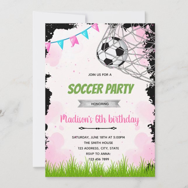 Convite de aniversário de futebol para meninas (Frente)