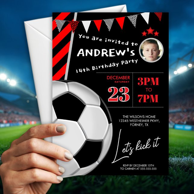 Convite de Aniversário de Futebol Preto Vermelho L (Criador carregado)