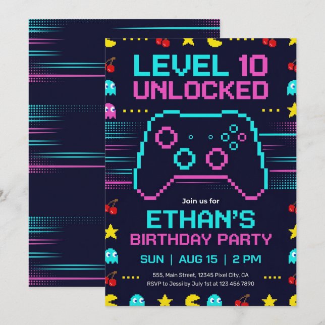 Convite de Aniversário de Gamer  Festa de Video Ga (Frente/Verso)
