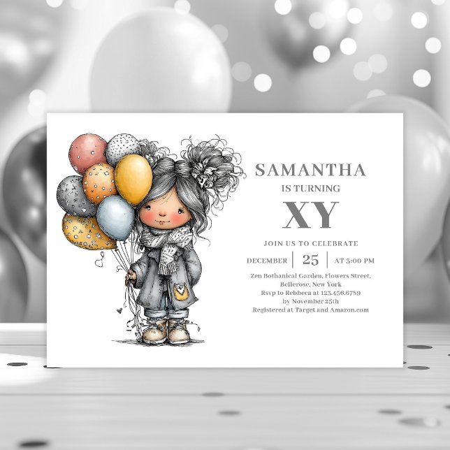 Convite de aniversário de garota chic engraçada es (Funny Chic Girl Birthday Black Gold Sketch invitation)