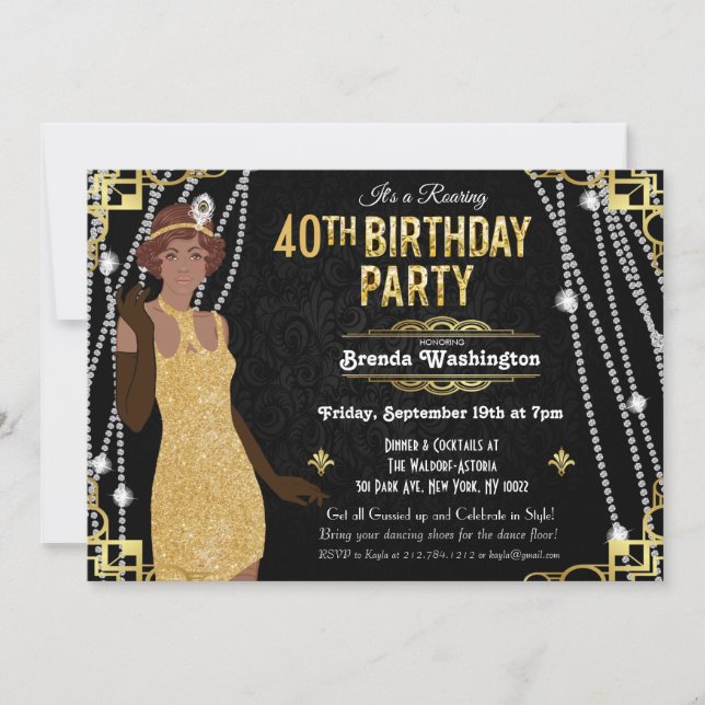 Convite de Aniversário de Garota Flapper Afro-Amer (Frente)