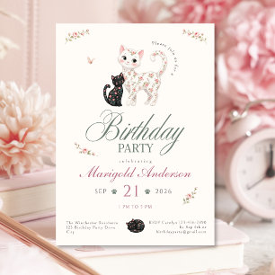 Convite de Aniversário de Gatinho no Jardim de Ros