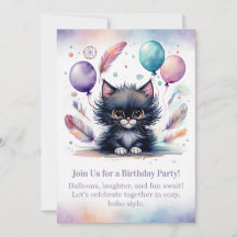 Convite de aniversário de gatinho preto Fofo Boho 
