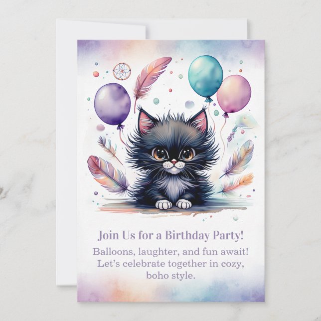Convite de aniversário de gatinho preto Fofo Boho  (Frente)