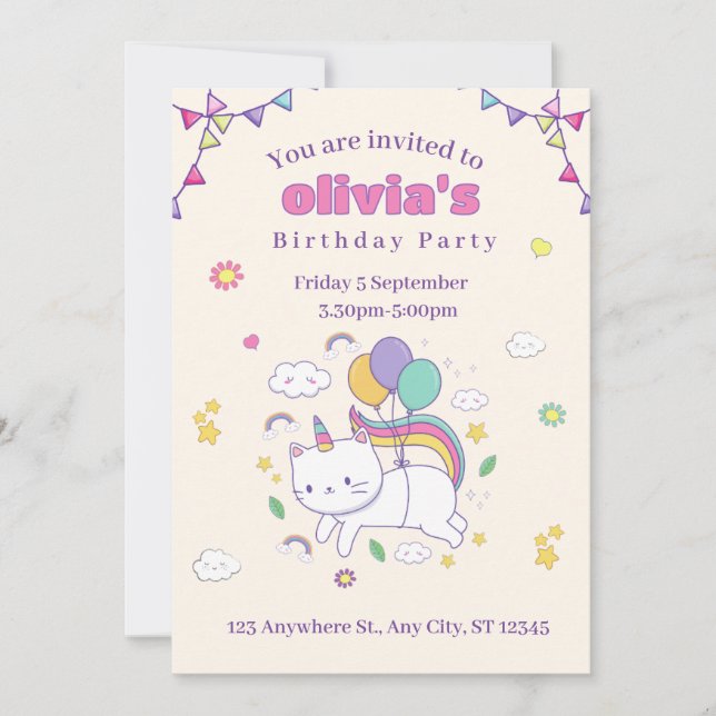 Convite de Aniversário de Gatinho Unicórnio Arco-Í (Frente)