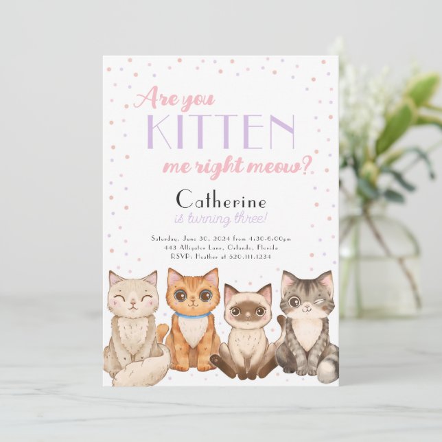 Convite de aniversário de Gato de Kitten (Em pé/Frente)