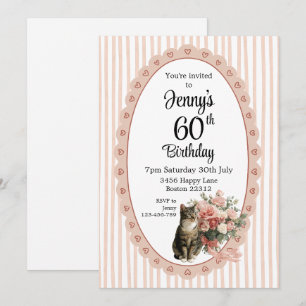 Convite de aniversário de gato floral com listra r