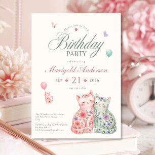 Convite de Aniversário de Gato Floral Pastel para