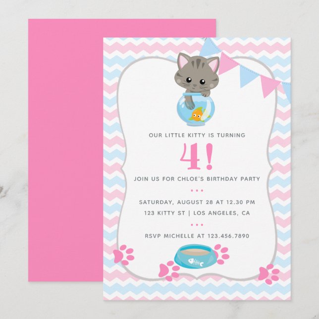 Convite de Aniversário de Gato ou Gatinho de Qualq (Frente/Verso)