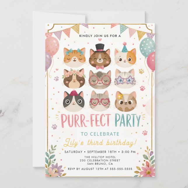 Convite de Aniversário de Gato Perfeito (Frente)