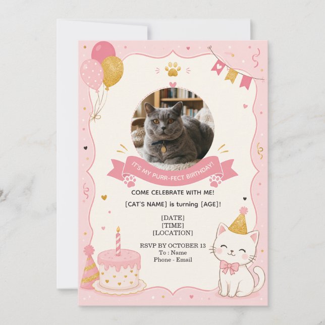 Convite de aniversário de gato personalizado com f (Frente)